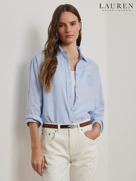Albastru - Lauren Ralph Lauren Zavandra Linen Embroidered Logo Shirt (F04264) | 1,929 LEI