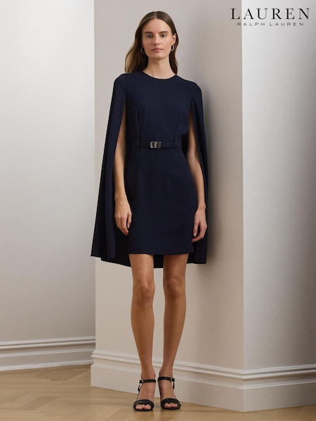 Lauren Ralph Lauren Blue Belted Cape Georgette Cocktail Dress (F04271) | €423