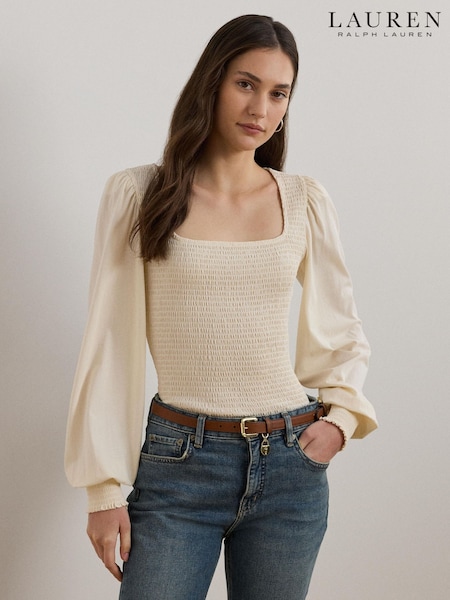 Lauren Ralph Lauren Cream Charella Square Neck Smock Blouse (F04306) | €213