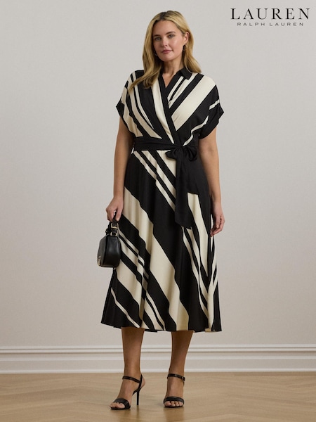 Lauren Ralph Lauren Cream Curve Fratillio Stripe Belted Collared Dress (F04311) | €293