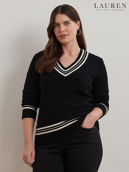 Lauren Ralph Lauren Curve Meren V-Neck Cricket Logo Cable Knit 100% Cotton Jumper (F04315) | 1,408 LEI