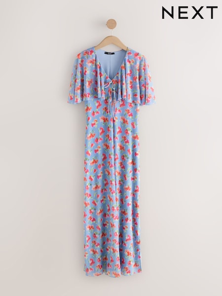 Blue Floral Occasion Mesh Cape Maxi Dress (F04399) | OMR30