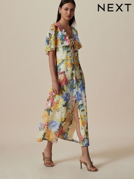 Yellow Floral Occasion Mesh Cape Maxi Dress (F04400) | €75