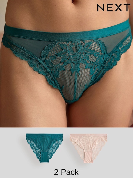 Green/Neutral High Leg Lace Knickers 2 Pack (F04403) | €19