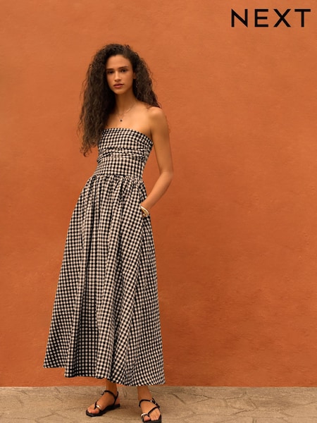 Black/White Gingham Seersucker Bandeau Midi Summer Dress (F04406) | R$ 365