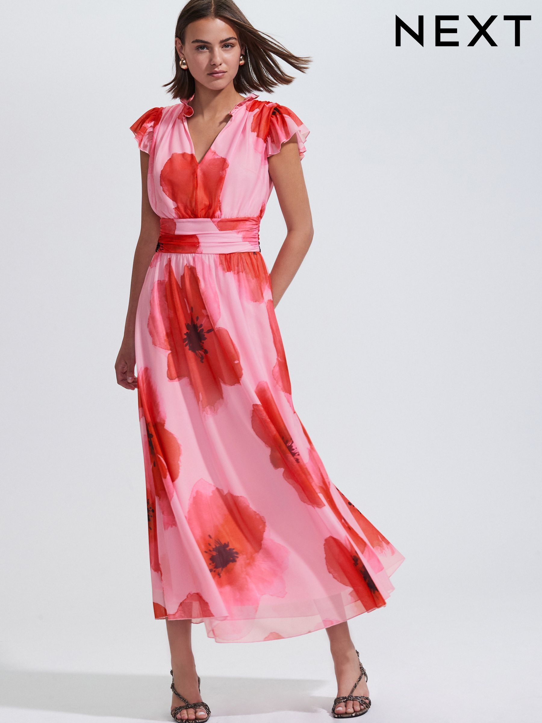 ワンピース HLT Pleated Floral Midi Dress white sage White Floral Midi Dress - Lace-Trimmed Dress - V-Neck Midi