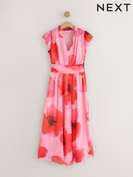 Red/Pink Floral Pleated Mesh Print V-Neck Occasion Midi Dress (F04410) | €75