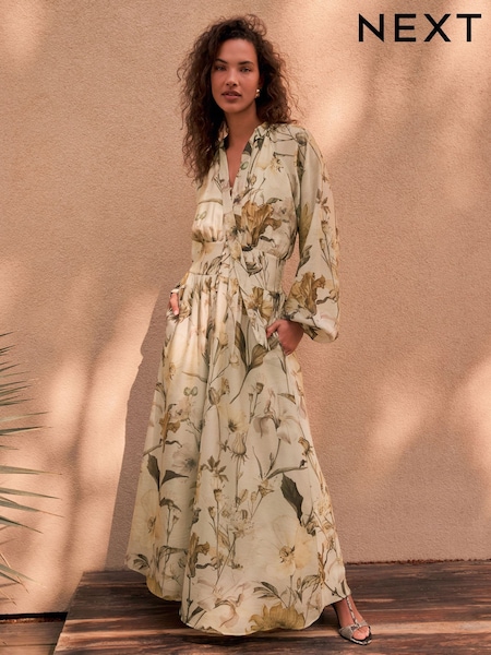 Pastel Green Floral N.Premium Tie Neck Waisted Occasion Dress (F04412) | €97