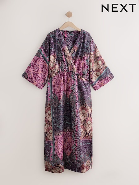 Pink & Purple Paisley Print Kimono Sleeve Waisted Midi Dress (F04417) | €75