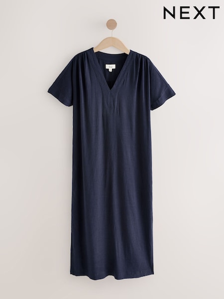 Navy Blue V-Neck Midi Dress with Linen (F04419) | AED189