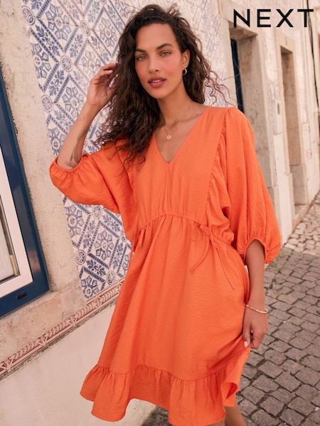 Bright Orange Volume Sleeve Tie Mini Dress (F04425) | €38