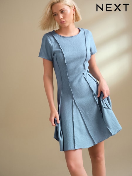 Chambray Blue Jersey Seam Detail Mini Dress (F04427) | R$ 245