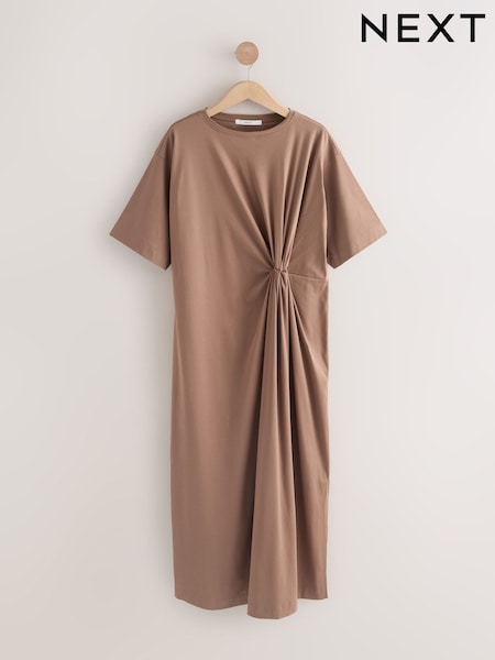 Chocolate Brown Short Sleeve T-Shirt Twist Midi Dress (F04432) | R$ 280