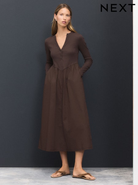 Chocolate marrom - Jersey Woven Mix Waisted Midi Dress (F04433) | R$ 365