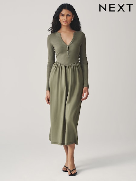 Verde cáqui - Jersey Woven Mix Waisted Midi Dress (F04434) | R$ 365