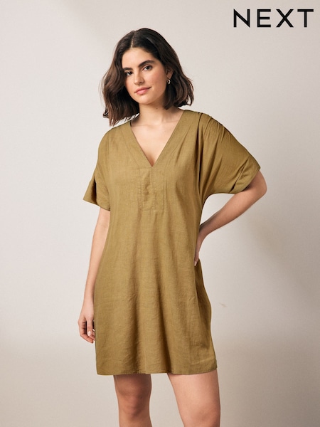 Khaki Green Kaftan Mini Dress with Linen (F04436) | €41.50