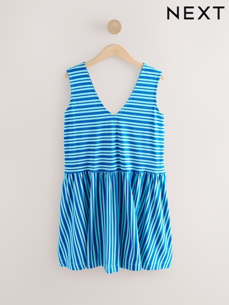 Blue Stripe 100% Cotton V-Neck Jersey Mini Summer Dress (F04438) | €29