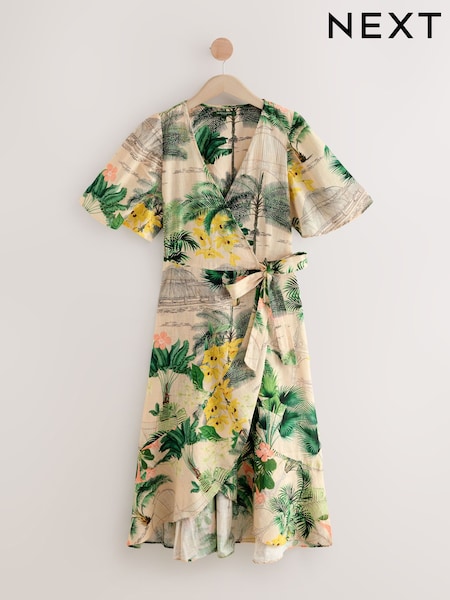 Kew Collection Green Floral Flutter Sleeve Wrap Midi Dress (F04442) | €49