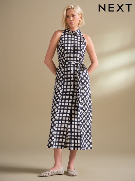 Mornariška modra/bela karirasta - Halterneck Sleeveless Tie Waist Midi Dress (F04451) | € 53