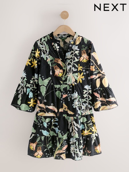 Kew Collection Navy Blue Floral - Print Broderie 100% Cotton Shirt Mini Dress (F04452) | 91 €