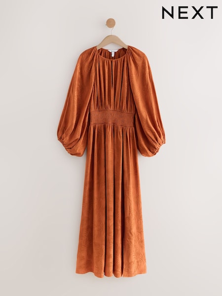 Rust Brown - N. Premium Satin Jacquard Volume Sleeve Maxi Dress (F04454) | 85 €