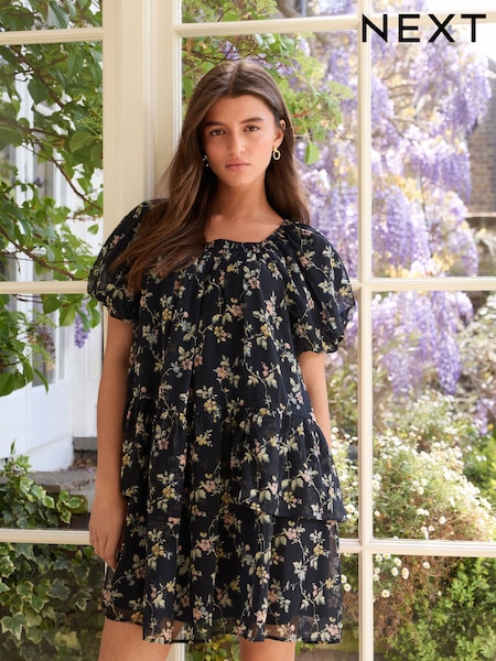 Navy Floral Mini Occasion Square Neck Boho Tiered Dress (F04456) | €61.50