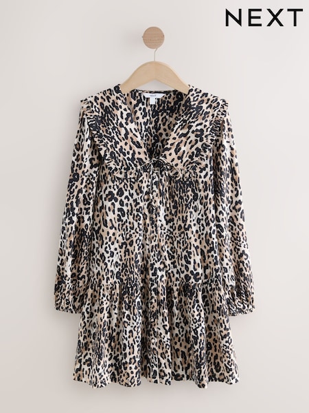 Animal Leopard Print Mini Frill Collar Tiered Boho Dress (F04457) | € 33