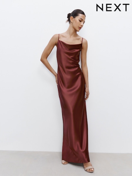 Rust Brown Bridesmaid Satin Cowl Neck V-Back Maxi Dress (F04458) | €69