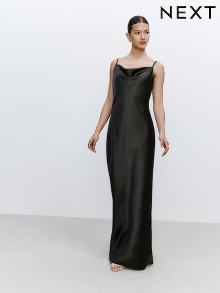 Pine Green Bridesmaid Satin Cowl Neck V-Back Maxi Dress (F04459) | 292 QAR