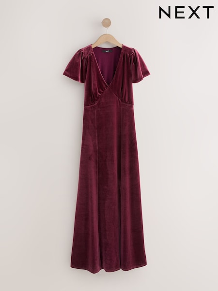 Berry Red Bridesmaid Velvet Flutter Sleeve Maxi Dress (F04460) | 323 QAR
