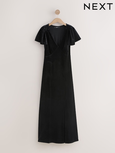 Preto - Bridesmaid Velvet Flutter Sleeve Maxi Dress (F04461) | R$ 625