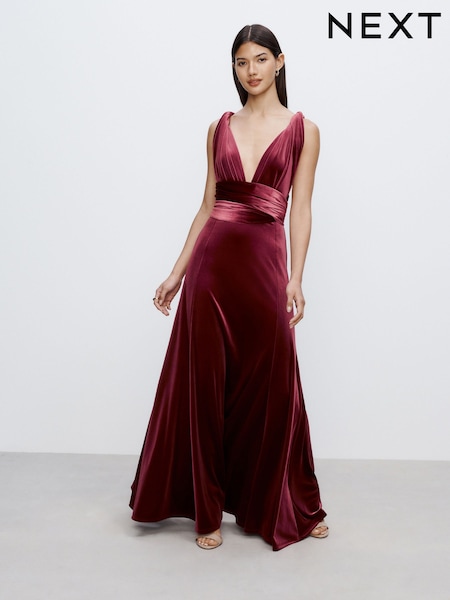 Berry Red Bridesmaid Velvet Multiway Maxi Dress (F04463) | €105.50