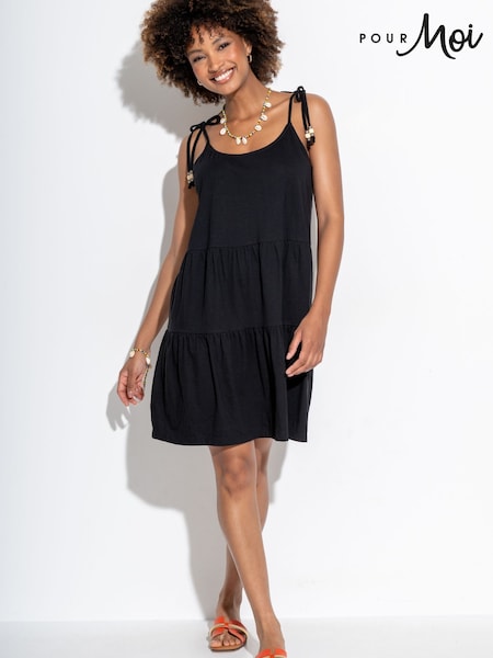 Pour Moi Black Tie Shoulder Tiered Textured Jersey Short Dress (F04694) | $63