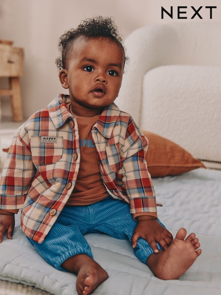 Brown/Navy Baby Shacket Top and Trousers 3 Piece Set (0mths-2yrs) (F04706) | AED142 - AED152