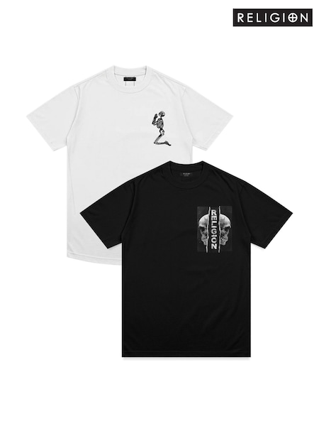Черный/белый - Religion Watercolour Skull Graphic & Classic Core 100% Cotton T-Shirts 2 Pack (F04750) | €73