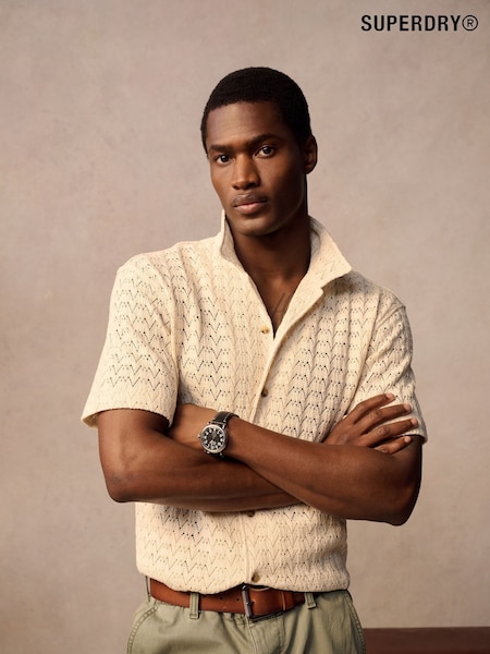 Cream Superdry Knitted Texture Relaxed Short Sleeve Shirt (F04786) | €68