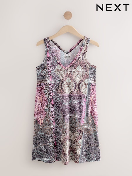 Purple Paisley Print Sleeveless V-Neck Slouch Dress (F04795) | €26