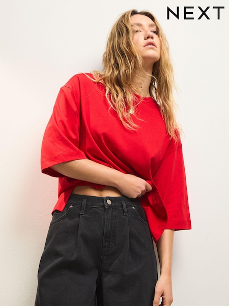 Cherry Red Relaxed Boxy Elbow Length Crew Neck T-Shirt (F04798) | €13