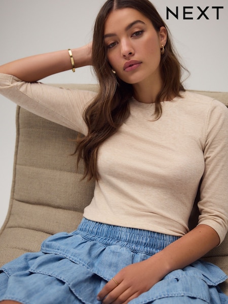 Oatmeal Soft Touch Ribbed Elbow Length Sleeve Crew Neck Top Containing TENCEL™ Lyocell (F04800) | R$ 100