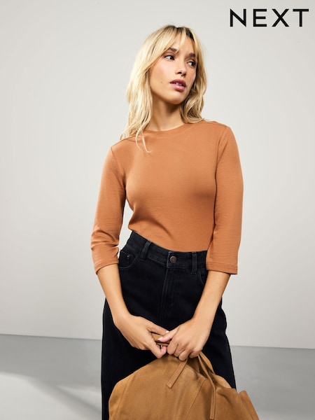 Rust Brown - Soft Touch Ribbed Elbow Length Sleeve Crew Neck Top Containing TENCEL™ Lyocell (F04803) | R$ 100
