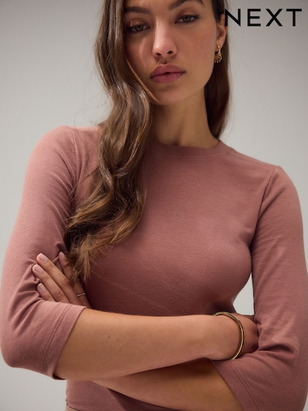 Rose Pink Soft Touch Ribbed Elbow Length Sleeve Crew Neck Top Containing TENCEL™ Lyocell (F04814) | €14.50