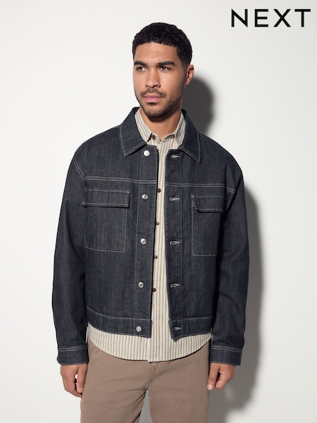 Dark Blue Contrast Stitched Denim Jacket (F04819) | AED219