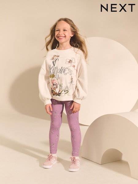 Cream/Lilac Kindness Bow Sweatshirt And Leggings Set (3-16yrs) (F04858) | 99 QAR - 129 QAR