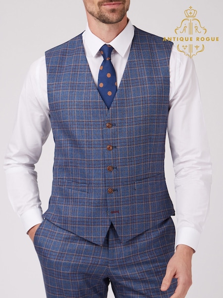 Antique Rogue Blue Overcheck Waistcoat (F04880) | €127