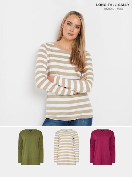 Long Tall Sally Green V-Neck 100% Cotton T-Shirts 3 Pack (F04952) | kr514