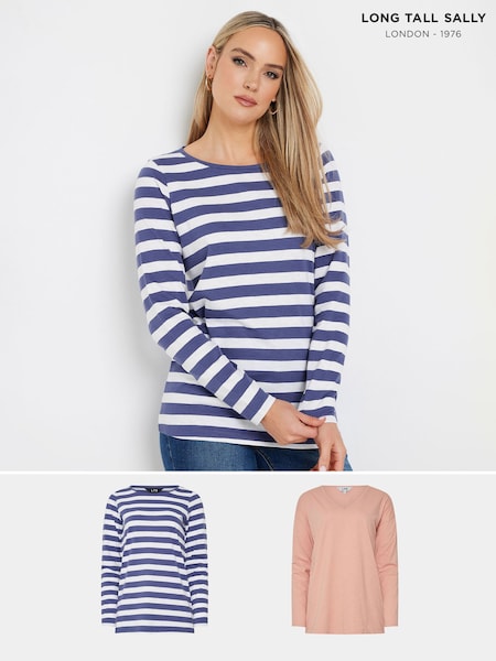 Long Tall Sally Blue Sold V-Neck 100% Cotton T-Shirts 2 Pack (F04954) | $51