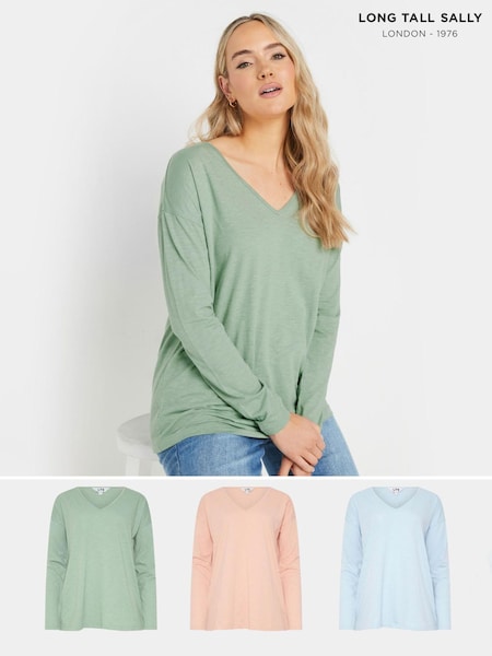 Long Tall Sally Blue V-Neck 100% Cotton T-Shirts 3 Pack (F04955) | kr471