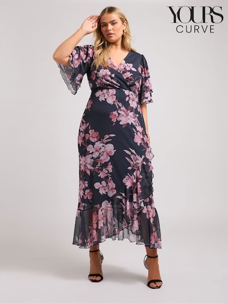 Yours Curve Blue London Wrap Ruffle Mesh Dress (F04957) | €100