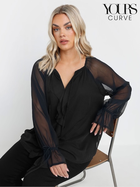 Yours Curve Black Ruffle Centre Front Tie Neck Blouse (F04964) | 1,742 UAH