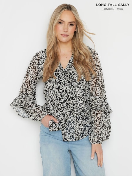 Long Tall Sally Black Ditsy Frilled Chiffon Shirt (F04976) | €51
